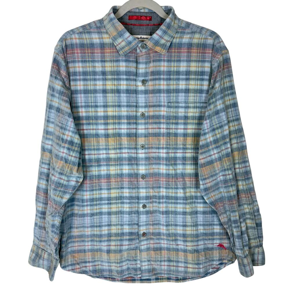 Tommy Bahama Shirt Men's Large Multicolor Plaid Cotton Long‎ Sleeve Button-Up